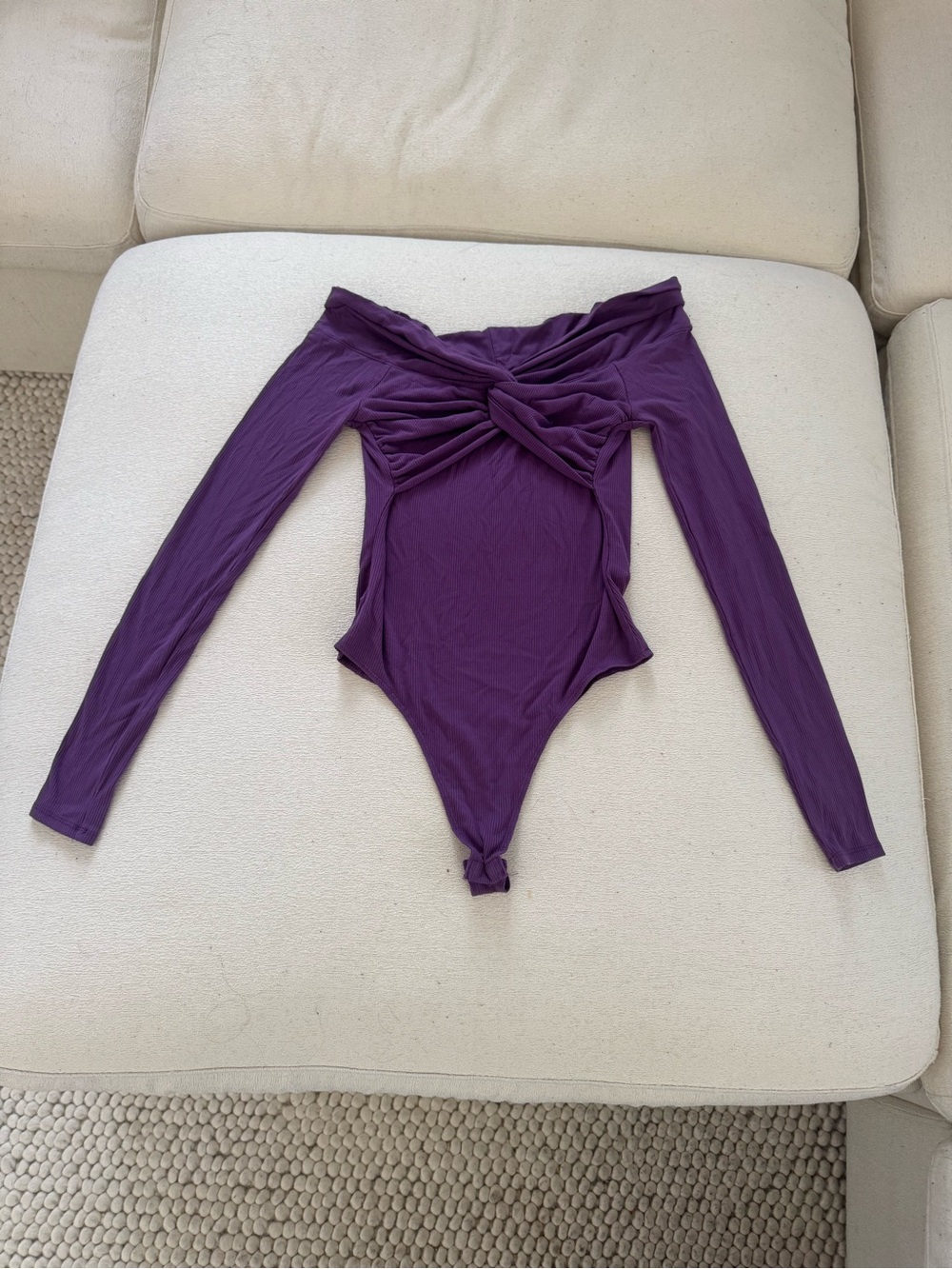 Steve Madden Purple Twist Front Off Shoulder Ribbed Bodysuit S